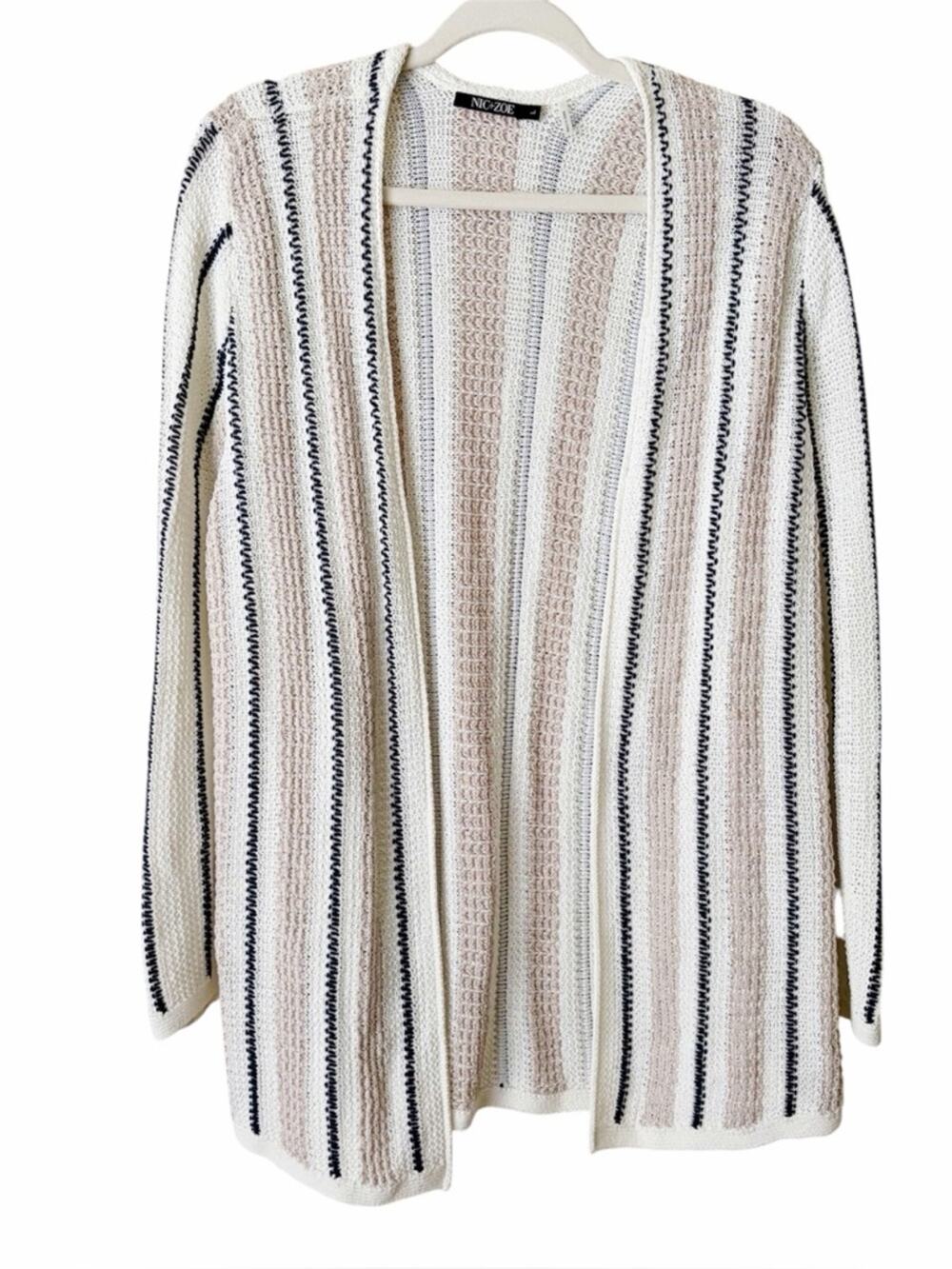 Nic + Zoe | Textured Knit Striped Cardigan Open Front Neutral Coastal Large